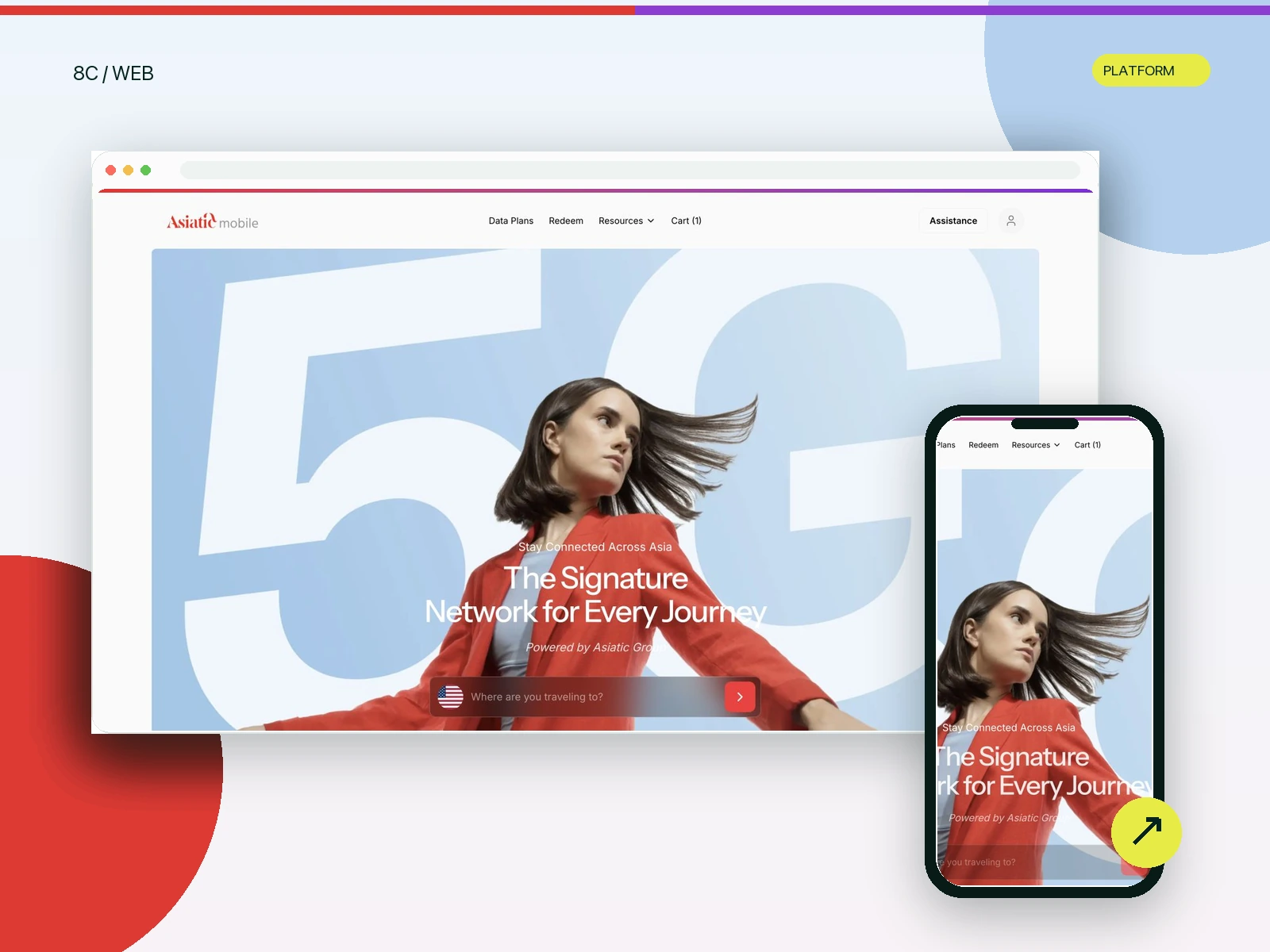 Asiatic eSIM customer-facing platform shown in desktop and mobile mockups