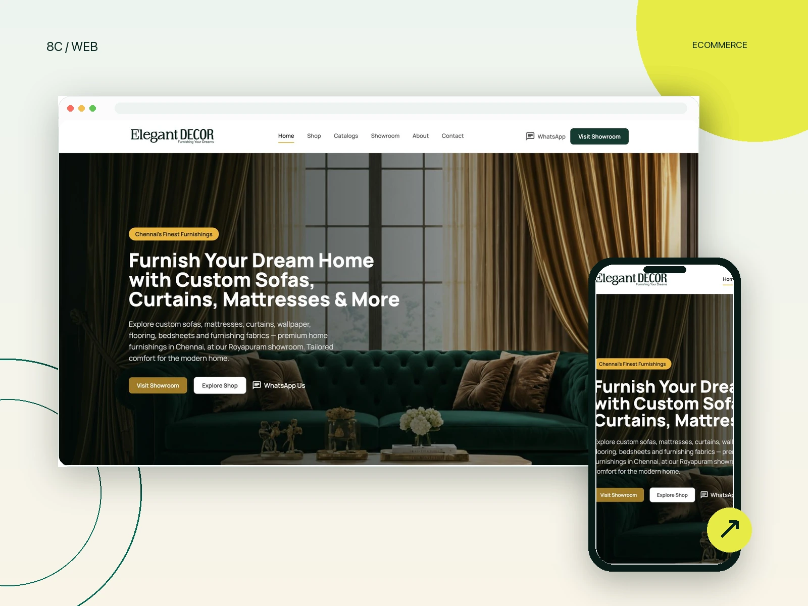 Elegant Decor premium home furnishings e-commerce website shown in desktop and mobile mockups