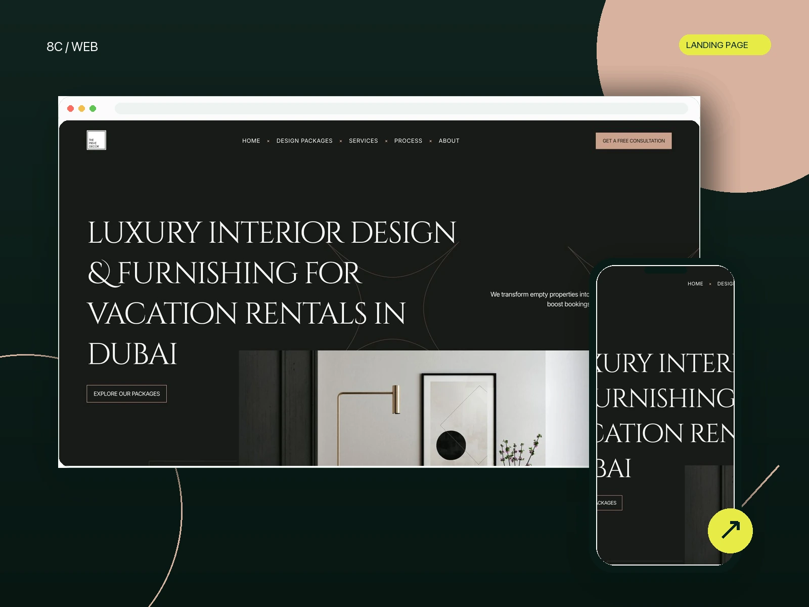 The Prive Decor premium vacation rental interior design website shown in desktop and mobile mockups